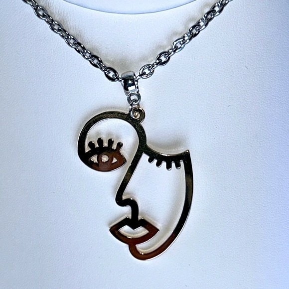 Artisan Handmade Two Tone Artsy Woman’s Face Gold Plated Stainless Necklace Boho - Picture 1 of 5